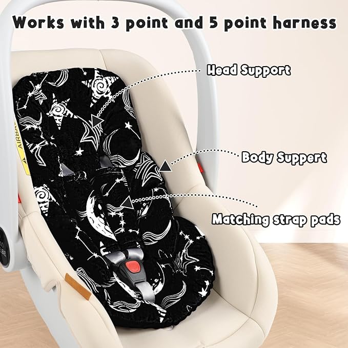 Infant Car Seat Insert Head and Body Support, GFU Reversible Newborn Insert for Carseat with Strap Pads, Soft Stroller Cushion Pillow Insert for Boys and Girls, Fits for Stroller, Swing, Black Star