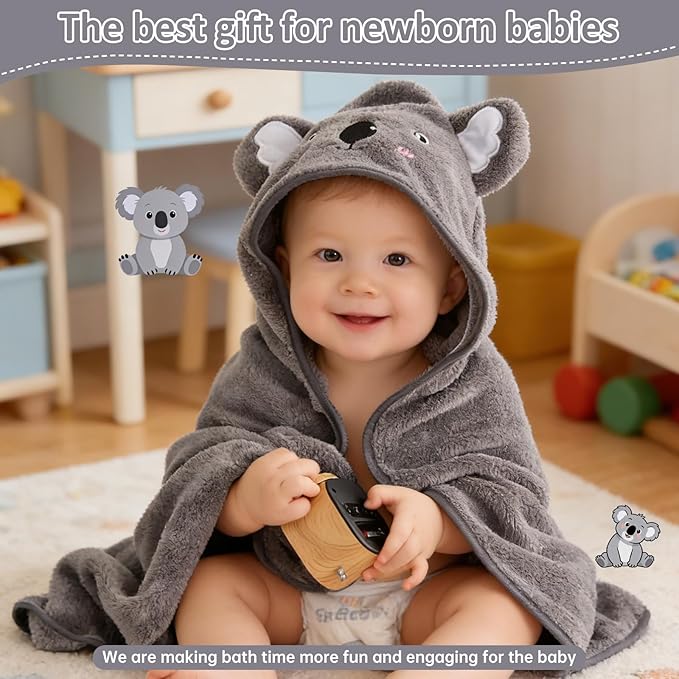 Hooded Baby Towel, Premium Soft Coral Fleece Baby Towel for Baby, Newborns, Toddlers, Infant- Ultra Absorbent, Natural Baby Stuff Towel with Hood for Boys and Girls (Gray Koala)