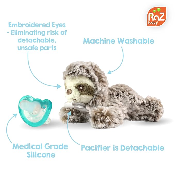 RaZbaby Sloth RaZbuddy Jollypop with 4 Added 0-3M Pacifiers (Teal, 4 Count), Pacifier Plush Holder w/Removable Baby Pacifier - BPA Free