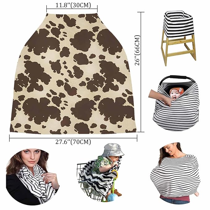 Baby Nursing Covers for Breastfeeding, Baby Car Seat Canopy Covers Scarf for Boys Girls, Brown Cowhide Canopy, Stretchy Soft Breathable Poncho Infant Stroller Cover, Cow Skin Print