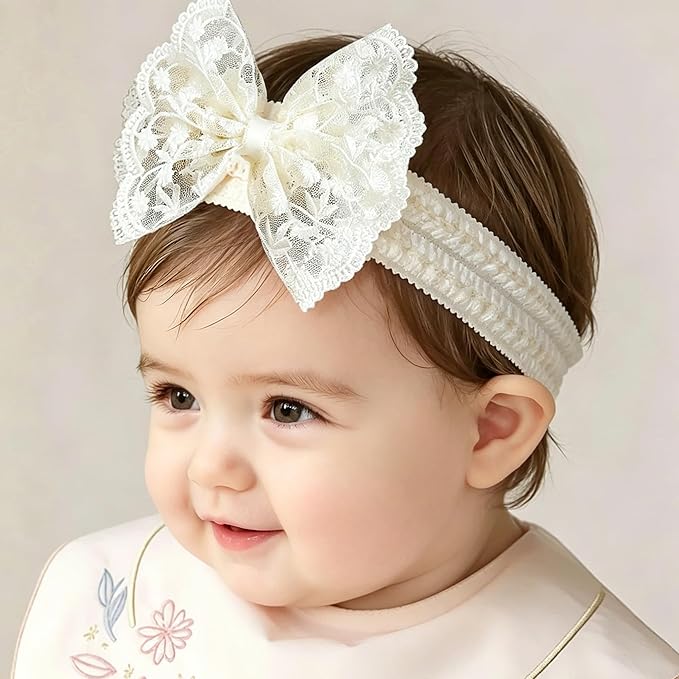 Baby Girls Bow Lace Headband Cute Soft Hairband White Butterfly Knot Headbands for Newborn Infants Toddlers Kids Christening Baptism Birthday Party Hair Accessories（Floral Bow）