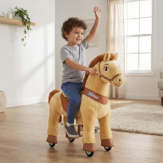PonyCycle Plush Interactive Riding Horse Kids Ride on Toy Ride on Horse Walking Horse, Essential Model E Size 4 for Age 4-7, No Electricity with Wheels, Giddy up Riding Toys Pony Light Brown E436