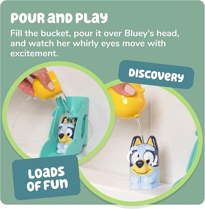 TOMY Toomies Bluey’s Water Slide - Includes Water Slide with Suction Cup, Clip On Bucket and Bluey Figure - Interactive Toddler Bath Toys - Ages 18 Months and Up