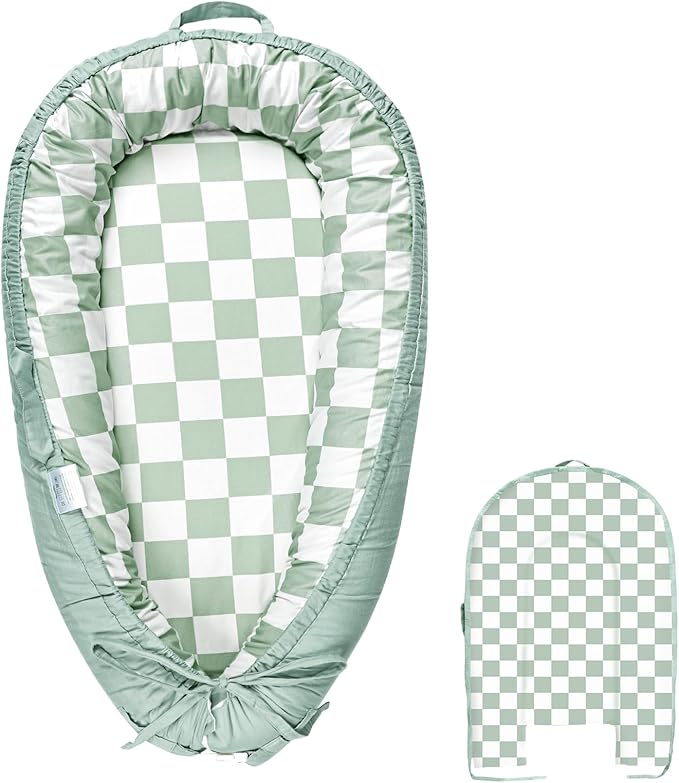 DILIMI Baby Lounger Cover, Cotton Baby Nest Replacement Cover for Girls Boys, Soft Breathable Reversible Newborn Lounger Cover, Green Checkered (Only Cover)