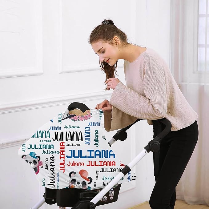 Personalised 7 in 1 Car Seat Cover for Girls and Boys - Multipurpose Breast Feeding Cover, White Panda Print Nursing Cover, Grocery Cart Cover - Birthday Gift for Babies(27"x29")