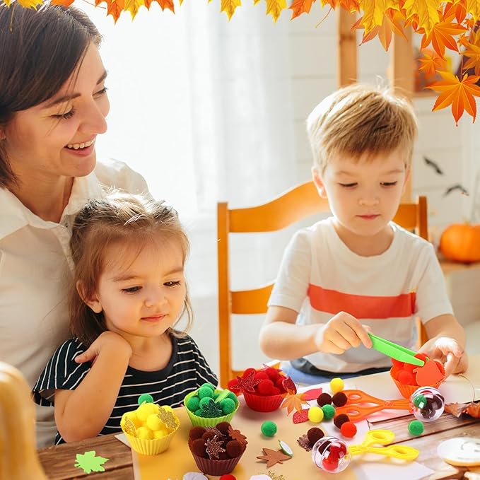 Blosssound 265 Pcs Fall Fine Motor Thanksgiving Counting Sorting Sensory Bin Filler Set Includes Pom Poms Fall Leaves Sorting Cups Tweezers Scissors Clips for Autumn Thanksgiving Decor Early Education