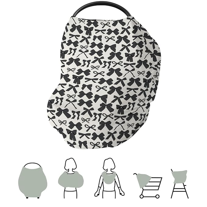 Black Bows Car Seat Cover for Baby Valentine Bows Stretchy 5-in-1 Cover Adjustable Car Canopy Cover Spring Black Ribbons Breathable Nursing Cover-Up