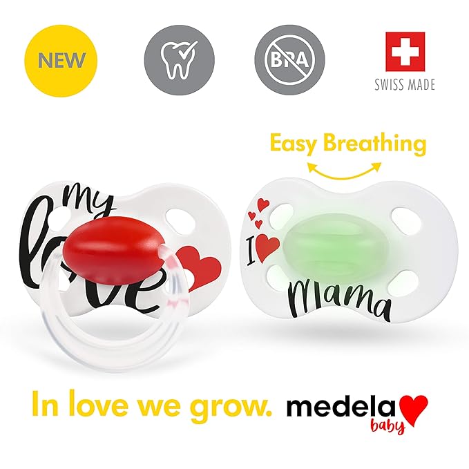 Medela Baby Pacifier | Day and Night Glow in The Dark | 18+ Months | 2-Count, Lightweight | BPA-Free | Supports Natural Suckling | My Love and I Love Mama