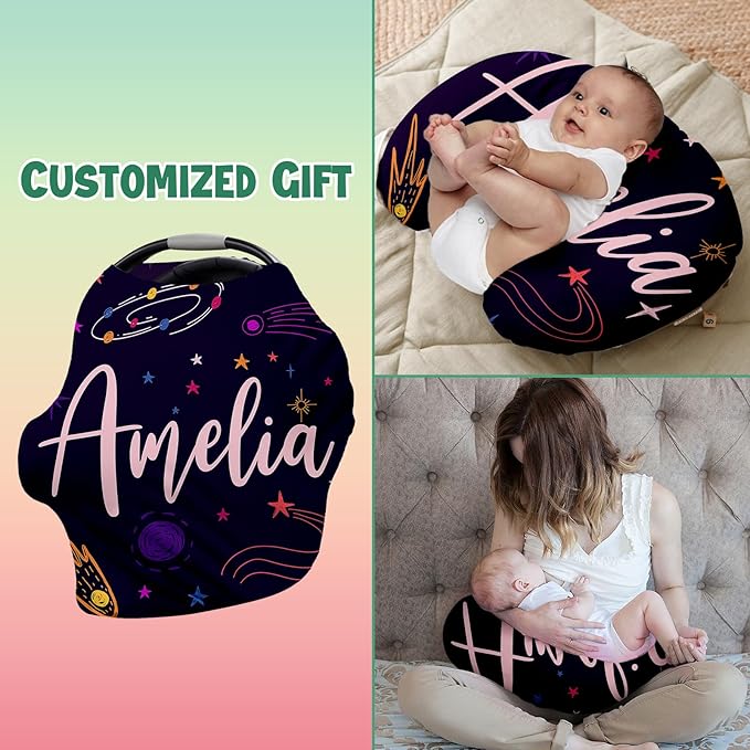 Personalised Car Seat Cover for Babies - Multi-use Carseat Canopy Cover with Name, Deep Purple Star Car Seat Covers, Christmas Birthday Gifts for Infant Boys and Girls