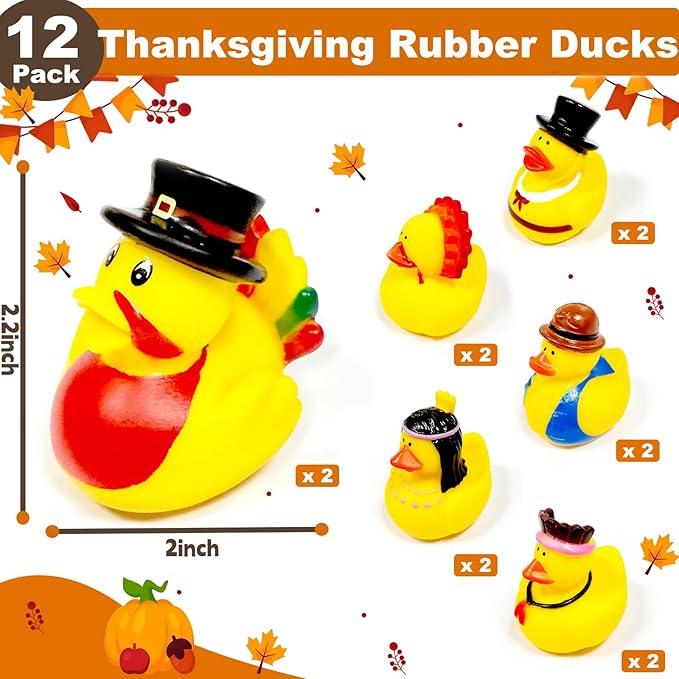 Thanksgiving Rubber Ducks, 12 Pack Turkey Ducks Bulk in 6 Styles Duckies Thanksgiving Party Favor Supplies Gifts for Kids Adults Parade Decorations Bath Duck Toys School Classroom Game Prizes
