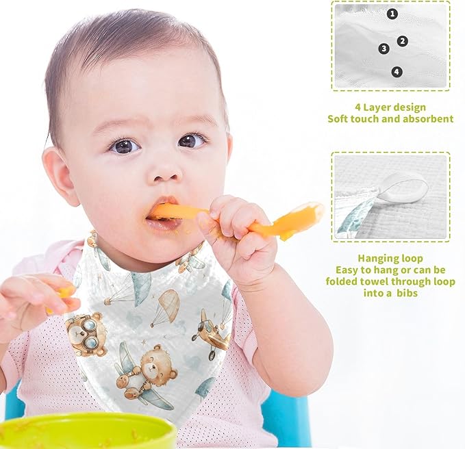 vvfelixl Baby Muslin Washcloths Cute Bear Pilot Baby Burp Cloths Cotton Babys Face Towel for Newborn Infants Boys Girls Soft and Absorbent 11.8 X 11.8 in, 3 Pack