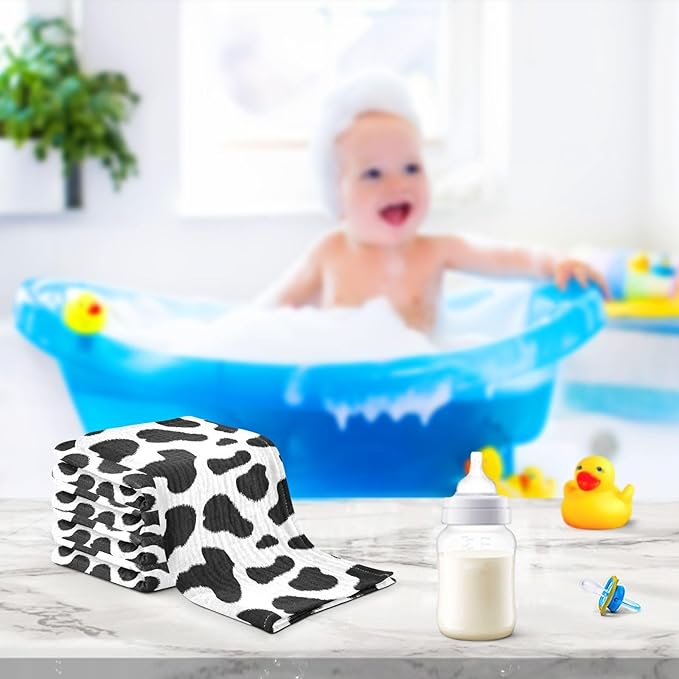 Cow Print Baby Washcloths Newborn Muslin Burp Cloths 3 Pack Soft Cotton Baby Face Bath Towel Drool Bibs for Infants, Girls and Boys 11.8 x 11.8 Inch