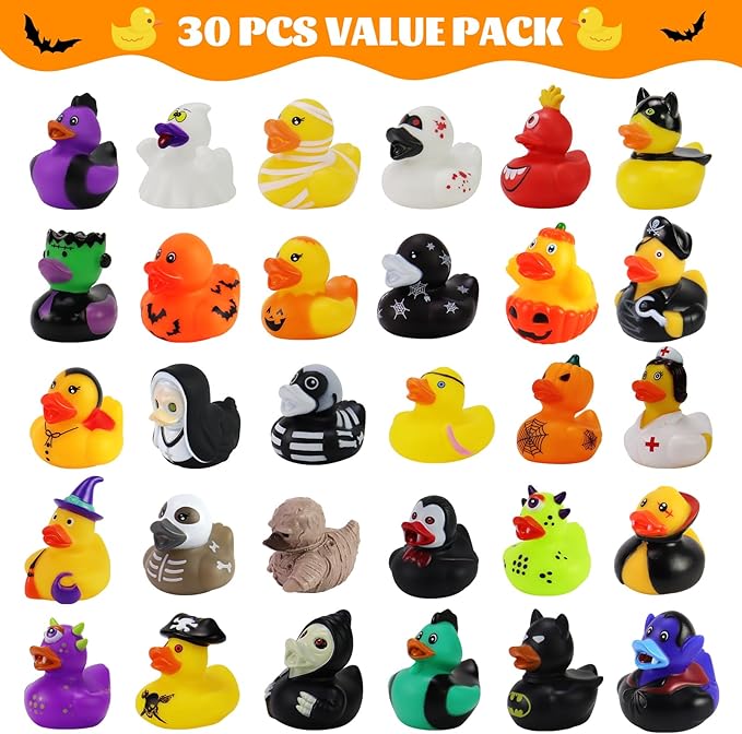 30 Pcs Jeep Ducks for Ducking, Halloween Ducks for Jeeps Ducking, Halloween Rubber Ducks for Kids, Assortment Mini Rubber Duckie Toys for Trick or Treat Fillers Baby Bath Shower Toys