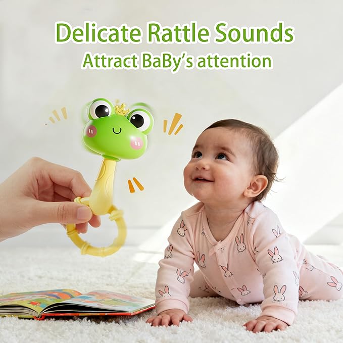 2 Pack Baby Rattles 0-12 Months, Montessori Sensory Teething Toys, Fully Boilable Silicone Maracas Shaker, Fine Motor Skills, Frog & Chick Newborn Gift