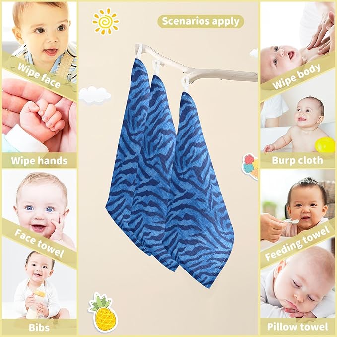 Newborn Face Towel Blue Tiger Print Soft Cotton Baby Washcloths 11.8 x 11.8 Inch Infants Girls Boys Muslin Burp Cloths 5 Pack