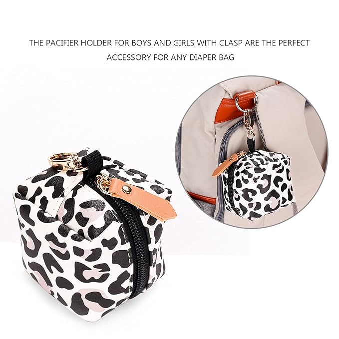 MOMIGO Pacifier Case Bag - Pacifier Holder with Clip for Diaper Bag Stroller Purse Charm, Holds 2 Pacifiers Outdoor Travel (Leopard)