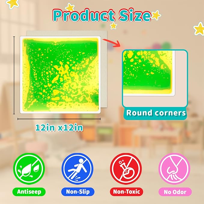 Sensory Floor Tiles Liquid for Kids: Motion Activity Play Mat 12x12 Inch Non-Toxic Anti-Slip Leakproof - 4 Colorful Pads Tactile Exploration & Visual Tracking Toys for Classroom/Autism Room