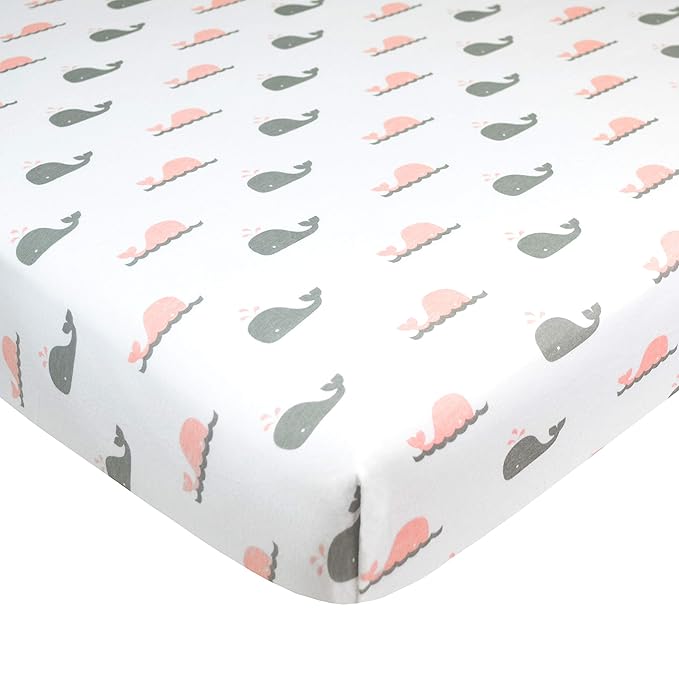 TL Care 2 Pack 100% Natural Cotton Fitted Pack and Play Sheets 39" x 27" - Soft & Breathable Pack N Play Sheets for Playard & Mini Crib Mattress, Pink Whale/Pink Zigzag, for Boys & Girls