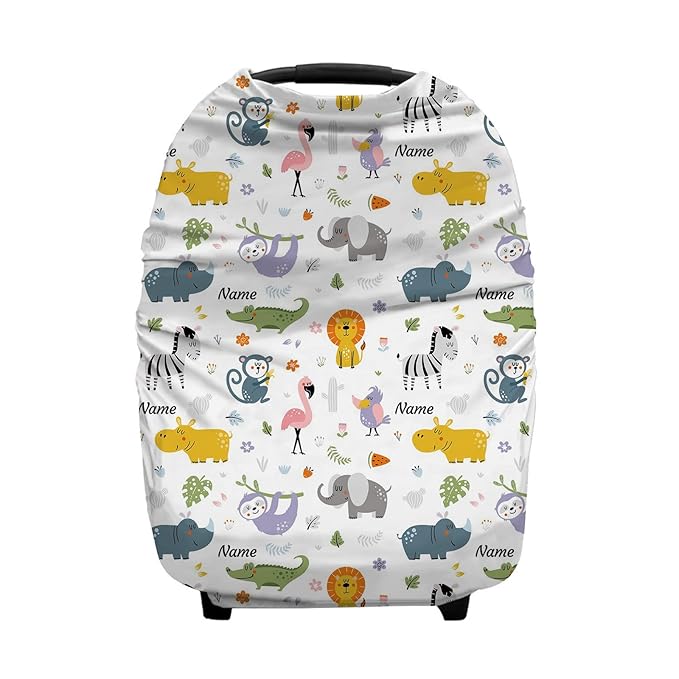 Personalized Baby Car Seat Cover for Boys Girls, Custom Nursing Covers for Breastfeeding with Name, Infant Stroller Cover, Baby Carseat Canopy for Newborn, Multiuse Car Seat Canopy, Forest Animals