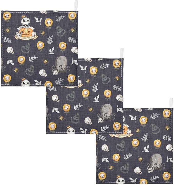 vvfelixl Baby Muslin Washcloths Halloween Skulls Horror Monsters Baby Burp Cloths Cotton Baby Face Towel for Newborn Infants Boys Girls Soft and Absorbent 11.8 X 11.8 in, 3 Pack Black