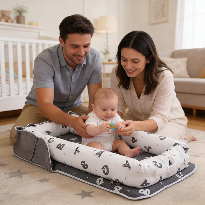 Baby Lounger for Newborn Portable Bag,Baby Nest Play Gym mat with Strap,Newborn Lounger Adjustable Size & Inner Zipper Lengthen Space to 24 Months(Letter Gray)
