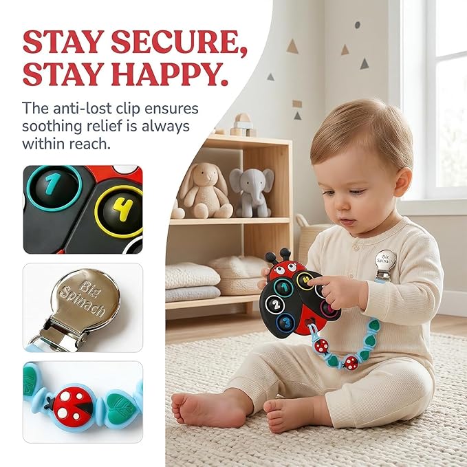 BIGSPINACH Teething Toy & Pacifier Clip Set,Ladybug Pop-It Teether & Pacifier Hold,Multi-Textured Chew Toy with Number Buttons for Early Learning, Baby Teething Relief (Black+Blue)