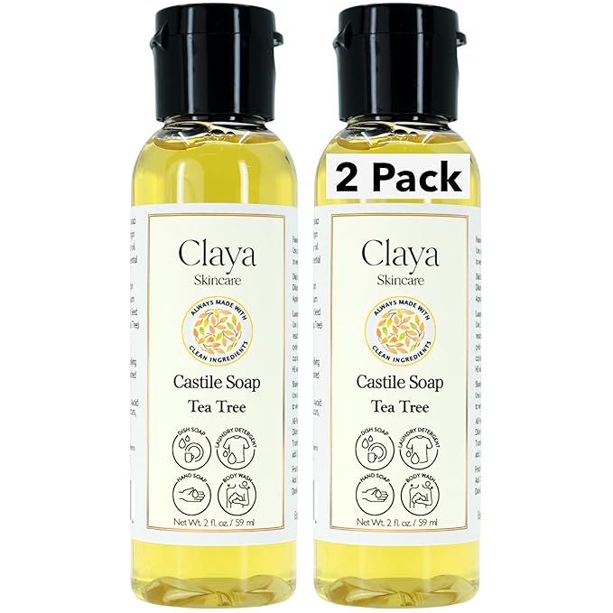 Claya Tea Tree Liquid Castile Soap – Organic Ingredients, Biodegradable, Gentle for Sensitive Skin, Versatile Uss and Travel Size (2 pack of 2 fl oz)