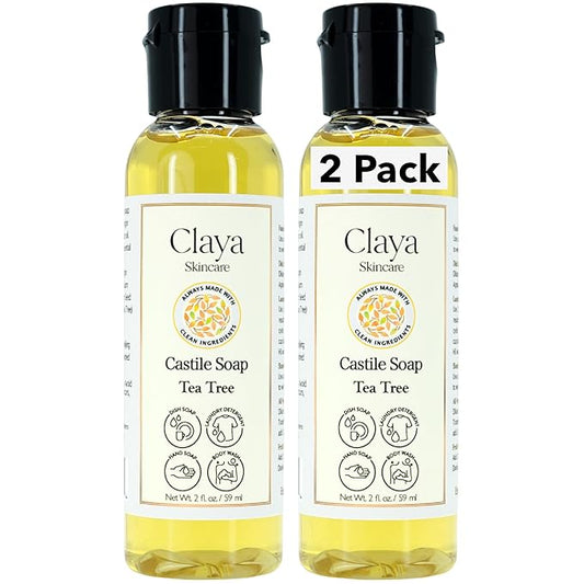 Claya Tea Tree Liquid Castile Soap – Organic Ingredients, Biodegradable, Gentle for Sensitive Skin, Versatile Uss and Travel Size (2 pack of 2 fl oz)