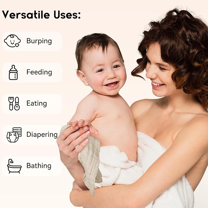 Unnivoll Muslin Burp Cloths Baby 12''X12'', Baby Washcloths 6 Pack, 100% Cotton Baby Wash Cloths Absorbent and Soft for Newborn Infants Kids Boys Girls - Apricot