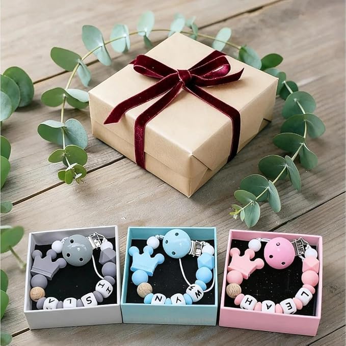 Custom Pacifier Clip with Name, Personalized Pacifier Clip with Box for Newborn Gift Baby Gift (Silicone)