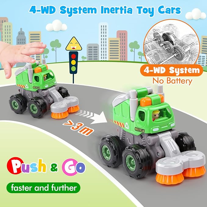 ORWINE Baby Boy Toys Cars, Push and Go Cars for Kids, Friction Powered Stunt Trucks, 4PCS Construction Vehicles Baby Toys for 2 3 4 5 Years Old Boys Girls, Birthday for Toddler Age 2-3