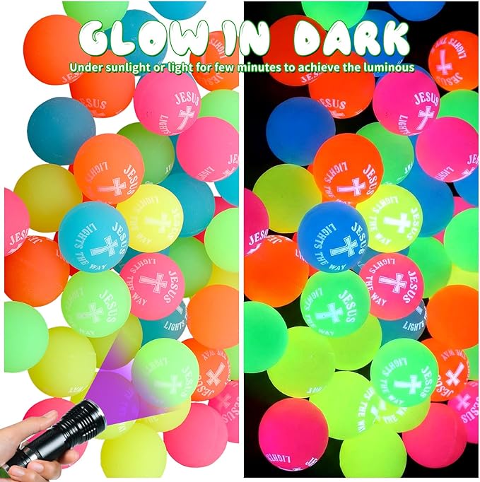 50 Pcs Christian Glow in The Dark Bouncy Balls Jesus Lights The Way Rubber Bouncing Balls for Easter Religious Basket Stuffers Party Favors