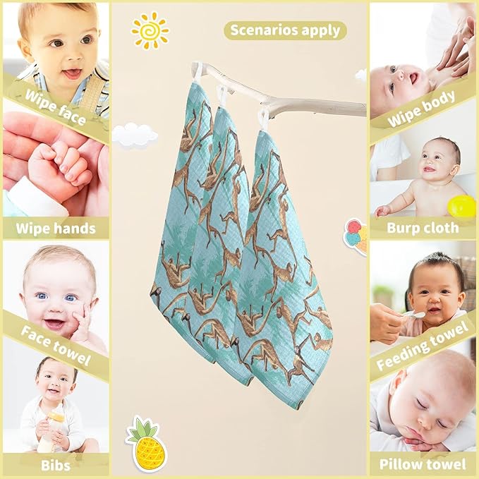 vvfelixl Baby Washcloths Cotton Monkeys Jungle Baby Muslin Washcloths Soft Baby Face Towel for Newborn Infants Baby Wipes, 11.8 X 11.8 Inch, 3 Pack Blue