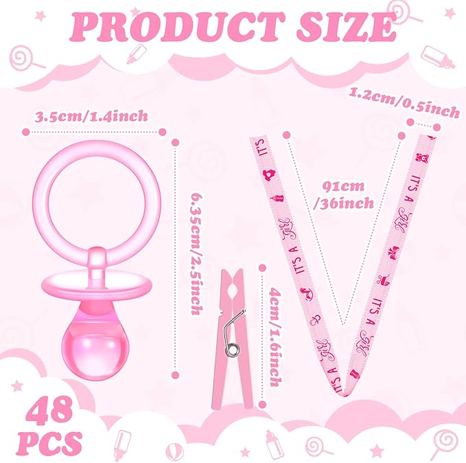 Coume 48 Sets Baby Shower Pacifiers Necklace with Mini Clothes Pins Acrylic Pacifier Bulk Newborn Party Favors for Women Men Baby Shower Decorations Gender Reveal Party Supplies(Pink)