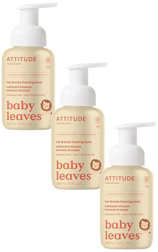 ATTITUDE 2-in-1 Hair and Body Foaming Wash for Baby, EWG Verified, Dermatologically Tested, Made with Naturally Derived Ingredients, Vegan, Pear Nectar, 10 Fl Oz (Pack of 3)