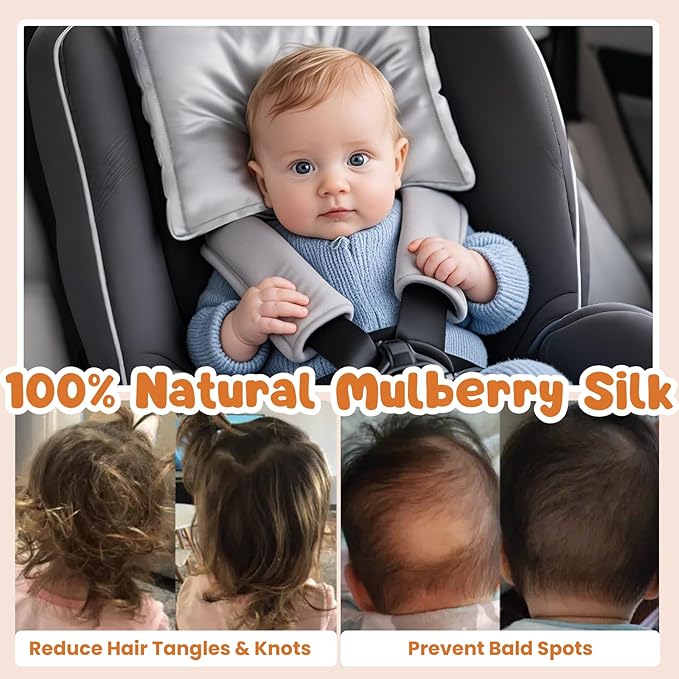 PROMEED 100% Silk Baby Car Seat Headrest Cover - Natural Mulberry Silk Carseat Head Cover for Baby Hair Protection, Ultra-Soft and Breathable (Light Grey)