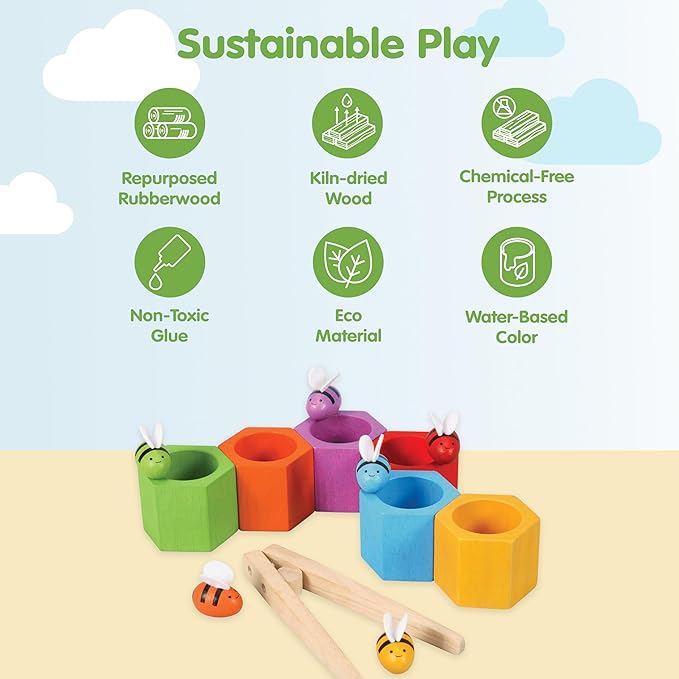 PlanToys® Wooden Beehive Color Sorting Toy for Toddlers | Montessori Fine Motor Skill Playset with Bees, Hives & Tweezers | STEM Learning Toy for Kids Ages 3+