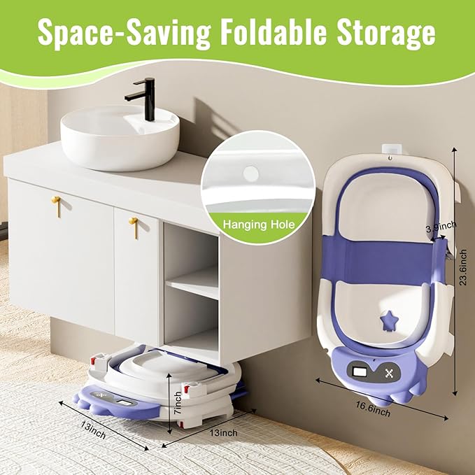 Baby Bathtub, Collapsible Baby Bathtub with Thermometer, Portable Travel Baby Bath Tub, Newborn to Toddler Baby Tub with Floating Soft Cushion, Suitable for Infants 0-36 Months (Blue)