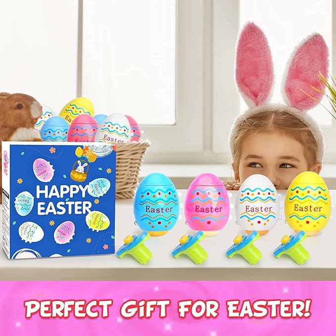 Easter Eggs Toys for Kids, 6 Pack Spinning Top Easter Eggs with Lighting & Music, Fun Easter Basket Fillers, Party Favor Gift for Boys & Girls Ages 3-6