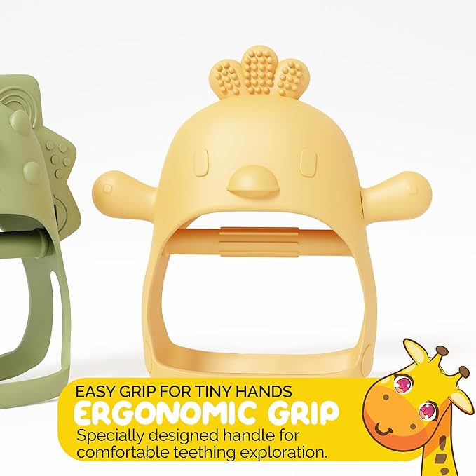Teethers for Babies 6-12 Months Pack of 2 Wearable Weaning Pacifier Teether Toy - Little Chick Mini Dino Pacifier Silicone Toys for Babies - Yellow and Green by Muqee Peeko