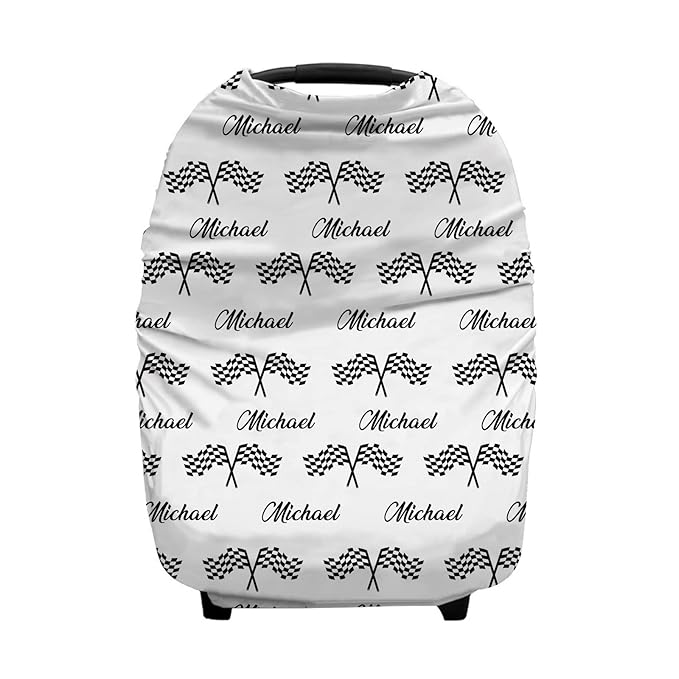 Personalized Racing and Race Flag Baby Car Seat Covers with Name, Custom Nursing Cover Breastfeeding for Babies, Carseat Canopy for Boys and Girls, Infant Stroller Cover, Breathable Carseats Cover