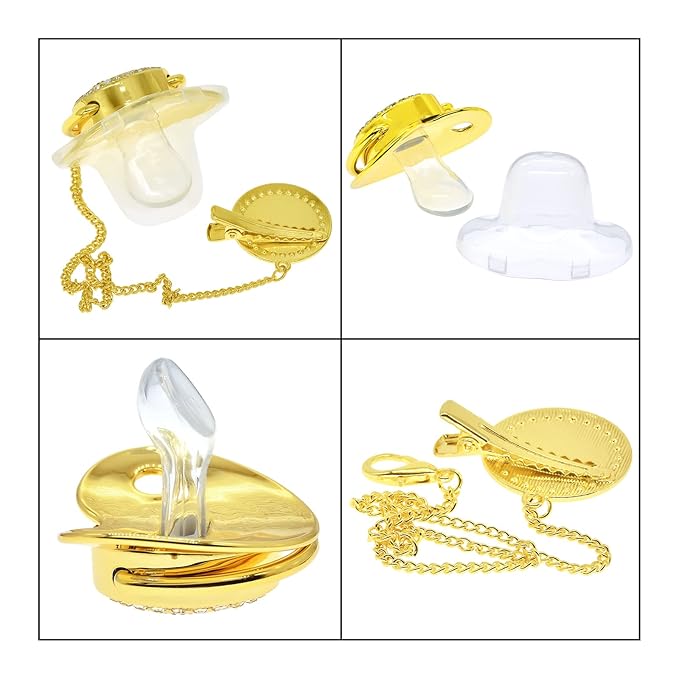 Bling Personalized Golden Baby Pacifier with Pacifier Clips and Anti-dust Cover A-Z 26 Letters(Gold,E)