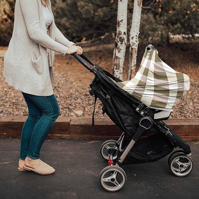 Brown Plaid Car Seat Covers for Babies, Spring Buffalo Checkered Lattice Geometric Nursing Breastfeeding Covers Stretchy Breathable Baby Carseat Canopy Cover for Girls and Boys Shower Gifts
