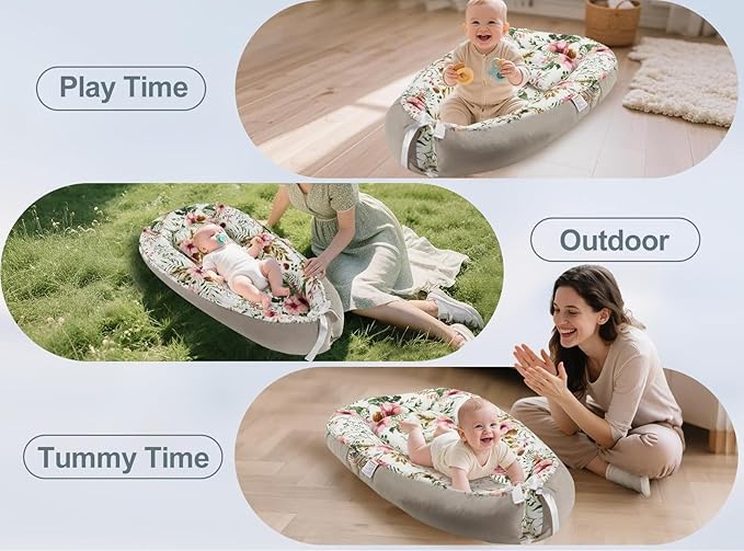 Baby Lounger for Newborn (0-24 Months)-100% Cotton Baby Nest Adjustable Size, 2-in-1 Play Mat & Diaper Changing Pad, Portable for Home&Travel, Infant Essentials Gifts(Grey-Edged Flower Bouquet)