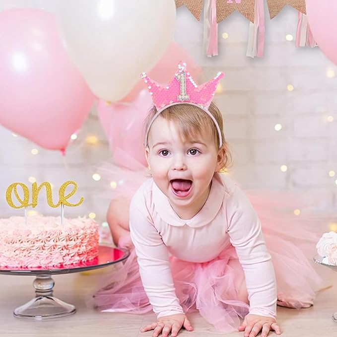 Pink Glitter 1st Birthday Girl Headband, Elastic Comfortable, Perfect for 1 Year Olds, Ideal Gift