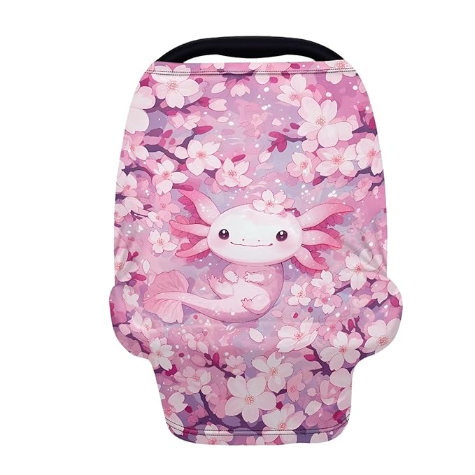 Biyejit Pink Flower Axolotl Seat Cover for Girls and Boys - Stretchy Carseat Canopy, Nursing Cover, Grocery Cart Cover, High Chair Cover