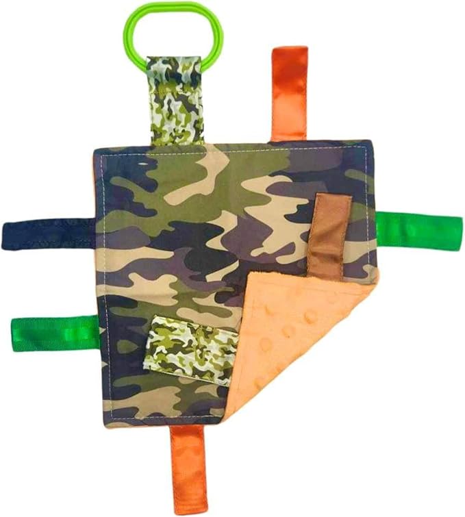 Baby Jack & Co 8x8 Hunting Camo Lovey Tag Toys - Baby Crinkle Toys - Soft & Safe - Learn Shapes & Colors - Ideal Baby Toy - BPA Free w/Stroller Clip