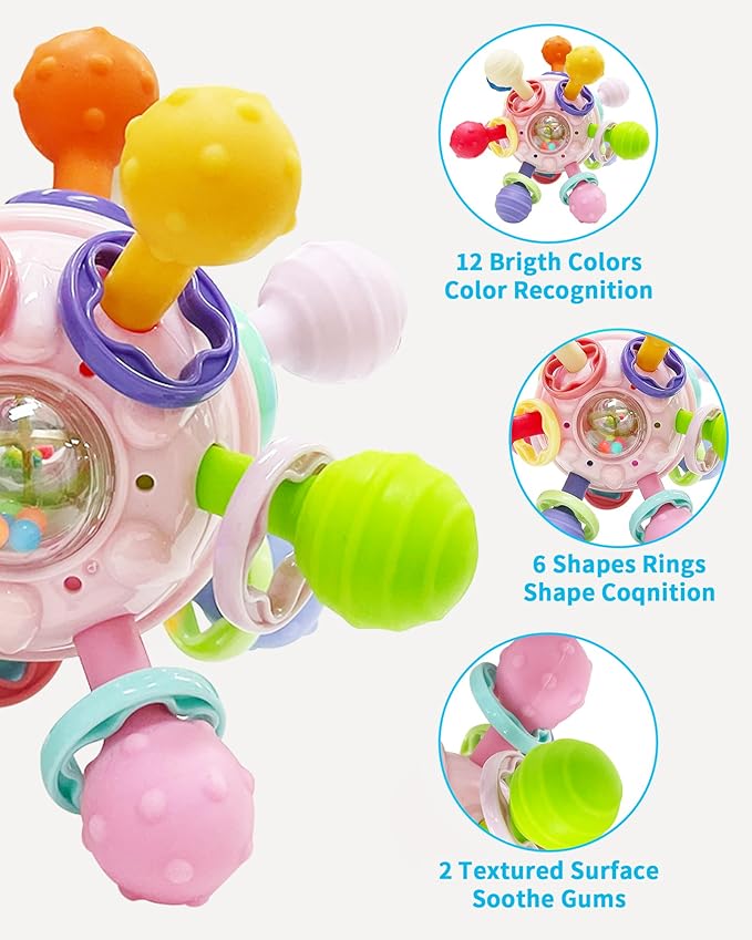 Baby Montessori Teething Toys 0-6 6-12 Month, Food Grade Baby Rattle Chew Sensory Teething Toys, Newborn Infant Learning Developmental Birthday Gifts for Boys Girls - Pink