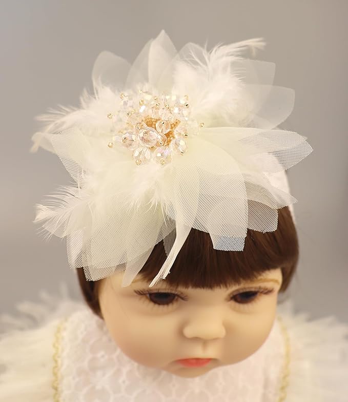 Bethynas Baby Girls Lace Feather Headband Beads Gauze Flower Elastic Toddler Hairband Birthday Party Princess Hair Accessories for Newborn Infant (White)