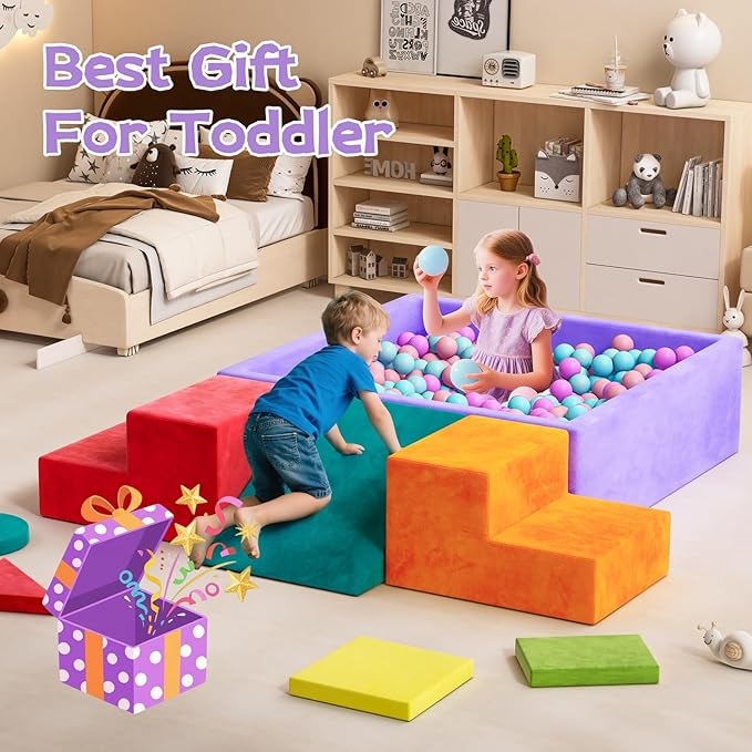 8-Piece Foam Climbing Blocks with Ball Pit for Toddlers 1-3, Soft Play Toddler Climbing Toys Indoor, Indoor Foam Blocks for Toddlers 1-3 Inside with Square Ball Pit, Steps, Triangle Ramp, Shape Mats B